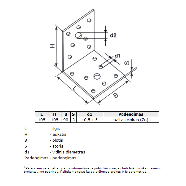 Kampinis su papildomomis kiaurymėmis 105*105*3*90mm