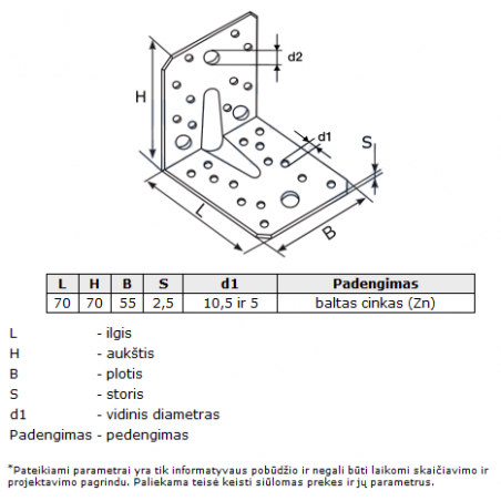 Sutvirtintas kampas 70*70*2.5*55mm